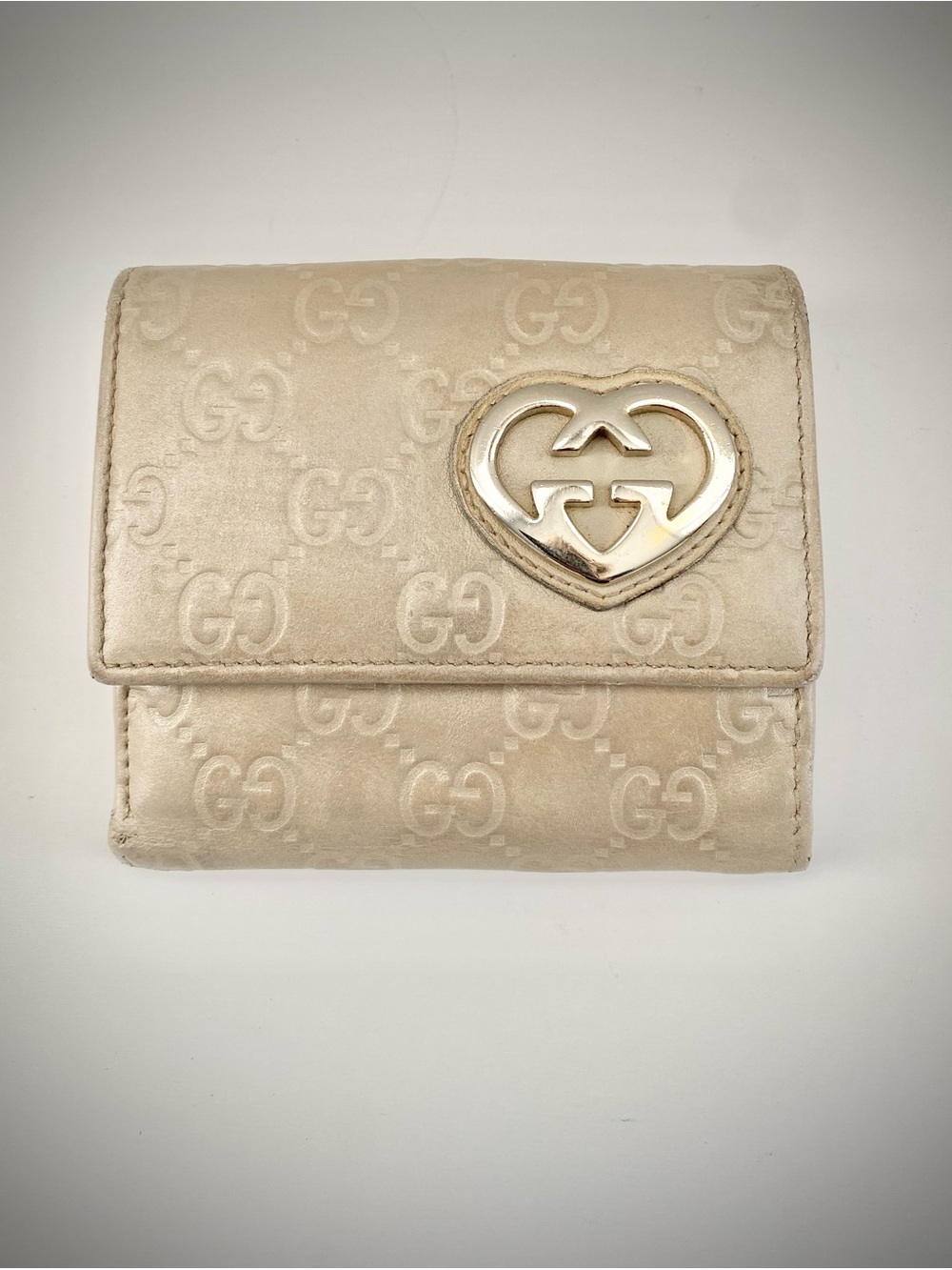 Gucci Cream Embossed GG Heart Logo Compact Wallet